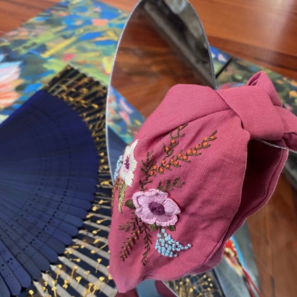 Pink Bow Headband with Floral Embroidery - Picture 5 of 7